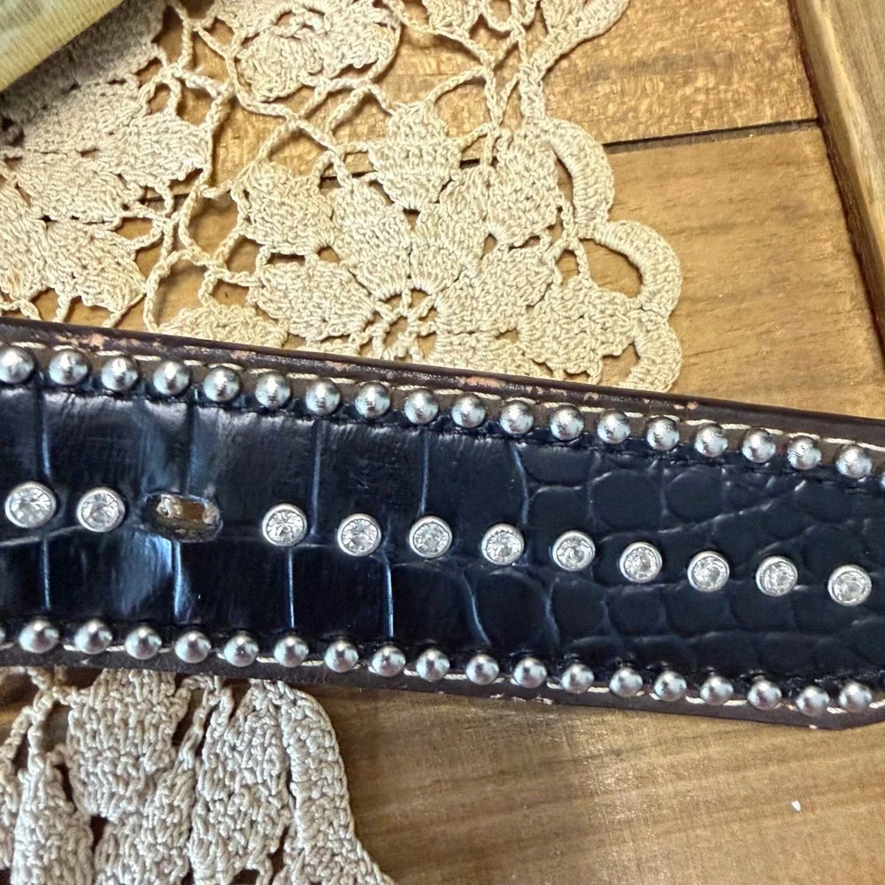 Nocona Belt Co Womens Brown Black Leather Rhinestone Studded Western Belt Small